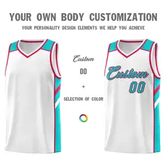 White Aqua-Red Classic Mesh Sport Basketball Jersey 3