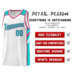 White Aqua-Red Classic Mesh Sport Basketball Jersey 4