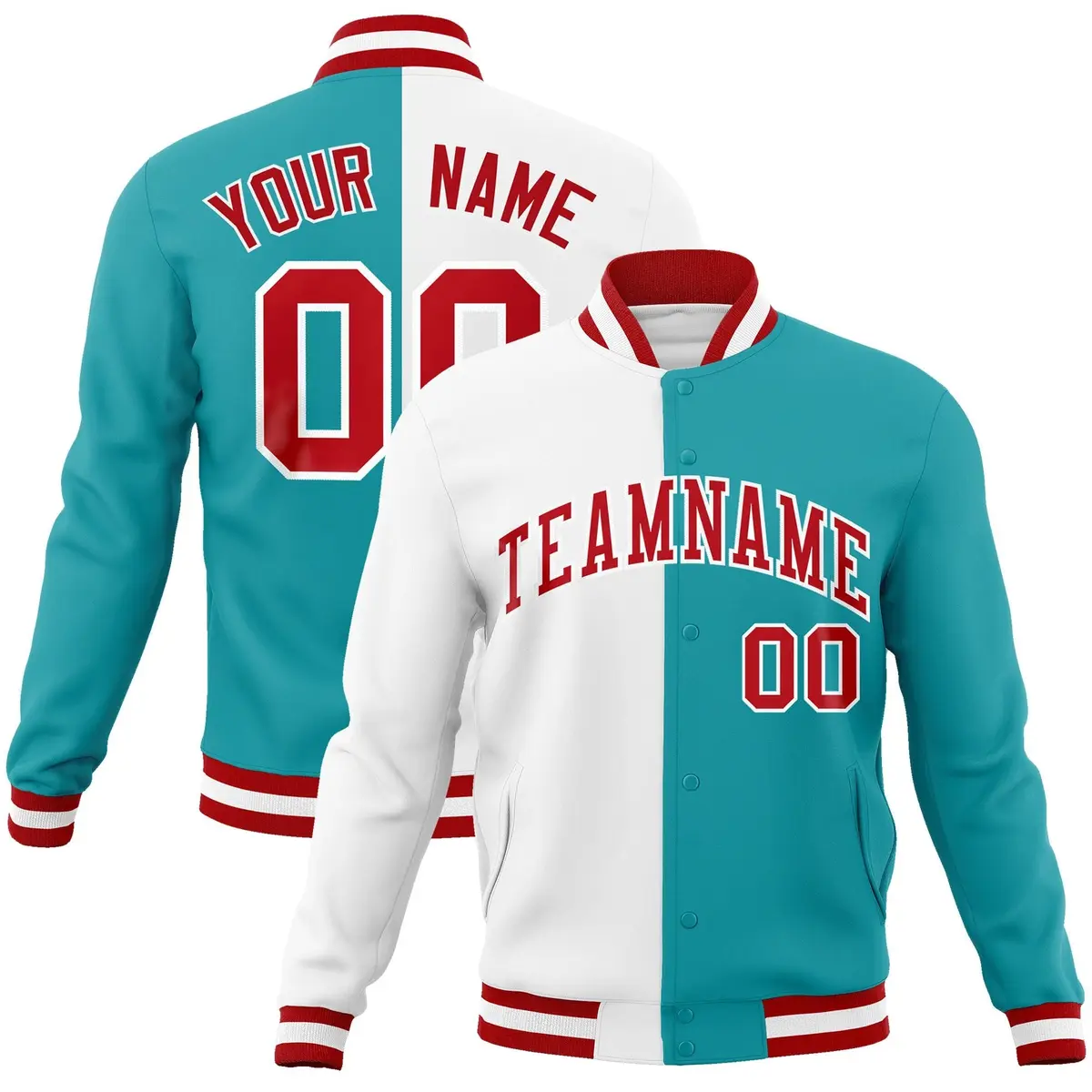 White Aqua Red Two Tone Split Varsity Full-Snap Letterman Jacket