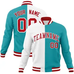 White Aqua Red Two Tone Split Varsity Full-Snap Letterman Jacket 1