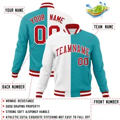 White Aqua Red Two Tone Split Varsity Full-Snap Letterman Jacket 4