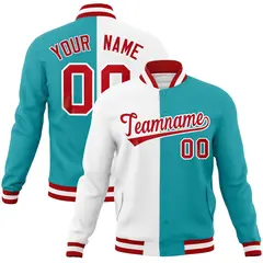 White Aqua Red Two Tone Split Varsity Full-Snap Letterman Jacket 1