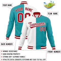White Aqua Red Two Tone Split Varsity Full-Snap Letterman Jacket 4