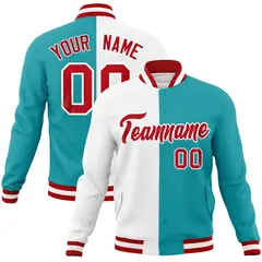 White Aqua Red Two Tone Split Varsity Full-Snap Letterman Jacket 1