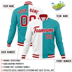 White Aqua Red Two Tone Split Varsity Full-Snap Letterman Jacket 4