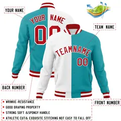White Aqua Red Two Tone Split Varsity Full-Snap Letterman Jacket 4