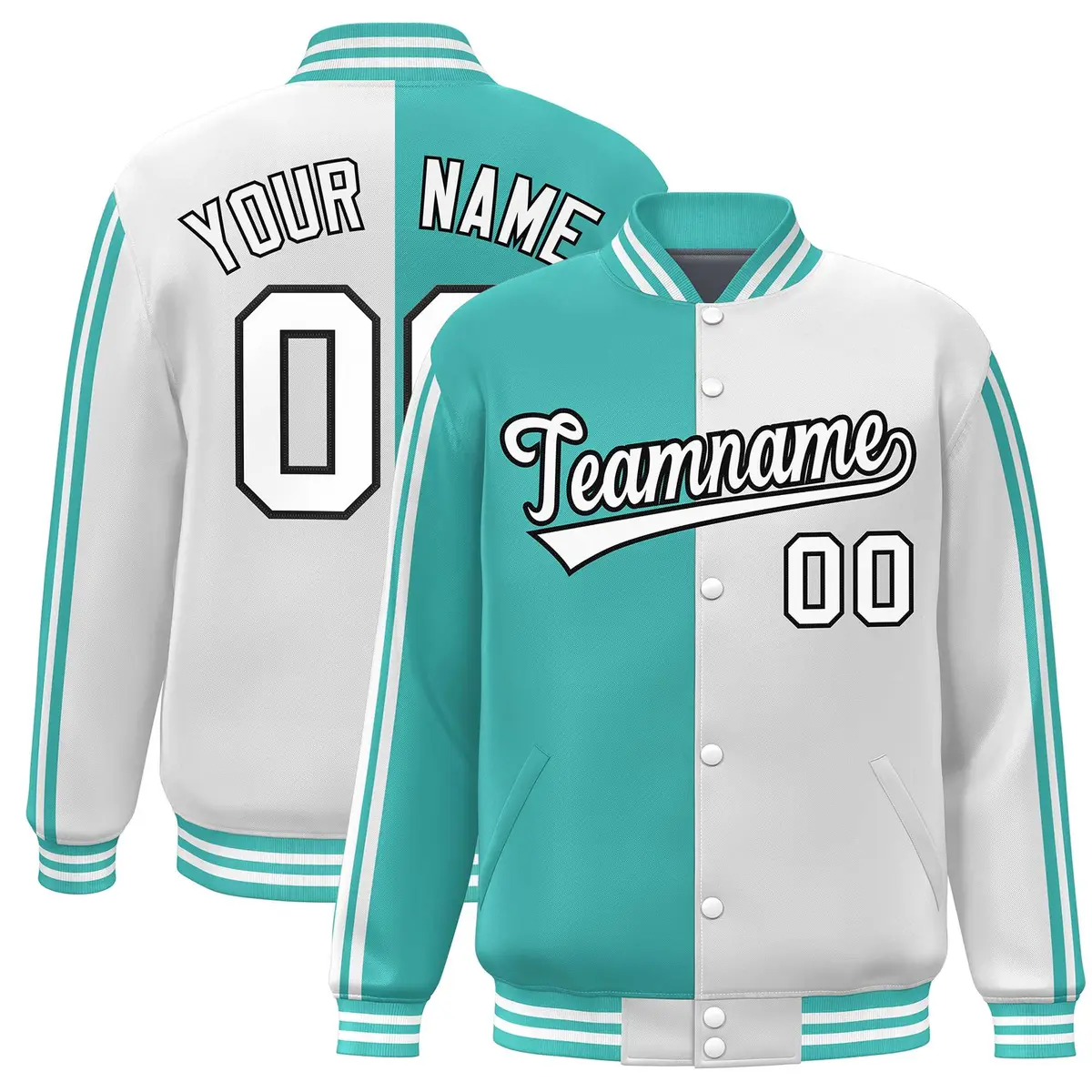 White Aqua Two Tone Color Block Varsity Bomber Jacket