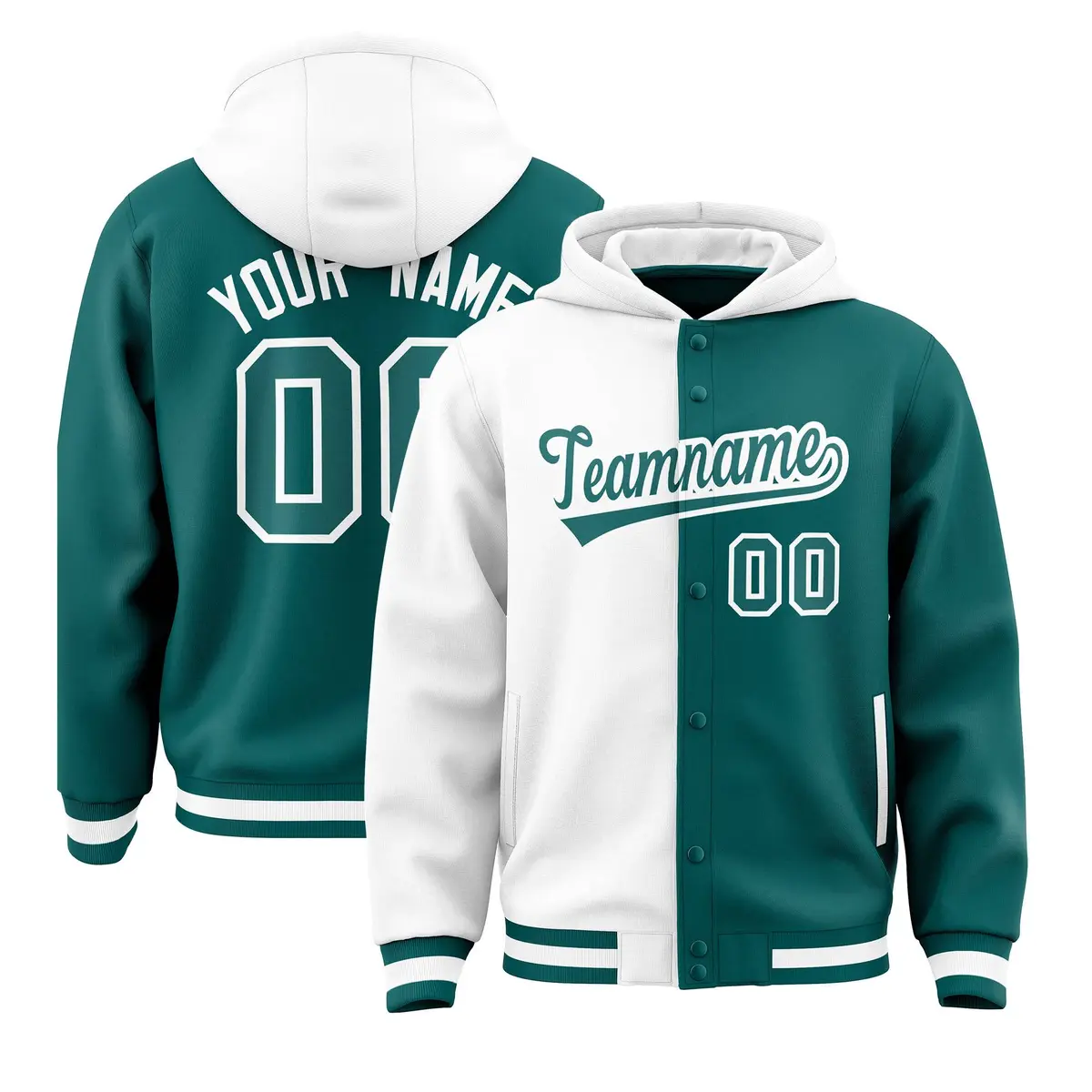 White Aqua Two Tone Split Varsity Letterman Jacket Hoodie