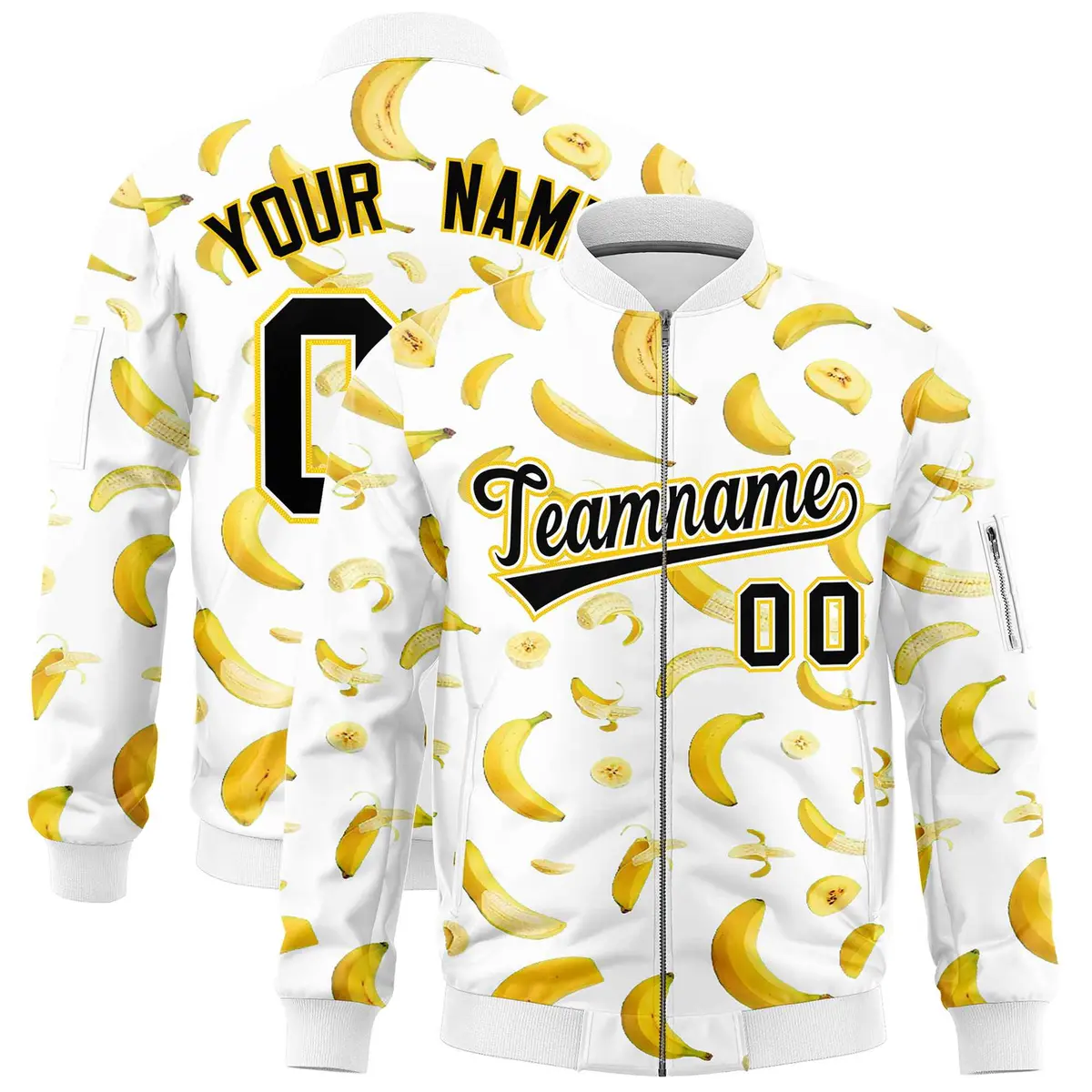White Banana Pattern Letterman Varsity Full-Zip Jacket