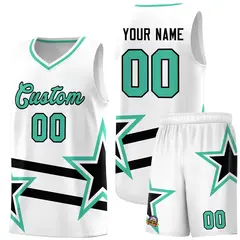 White Basketball Kit Bright Green Star Pattern and Double Lines