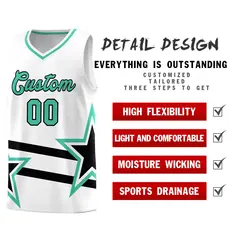 White Basketball Kit Bright Green Star Pattern and Double Lines 2