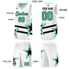 White Basketball Kit Bright Green Star Pattern and Double Lines 5