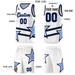 White Basketball Kit Light Blue Star Pattern and Double Lines 5
