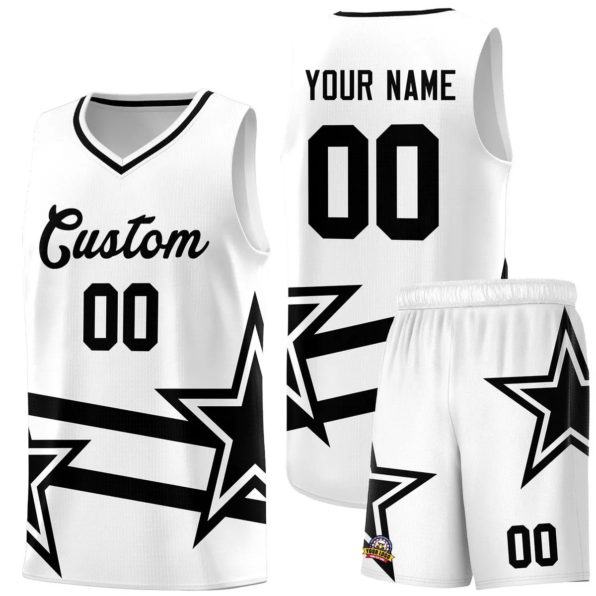 White Basketball Kits Black Star Pattern And Double Lines