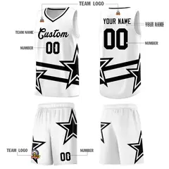 White Basketball Kits Black Star Pattern And Double Lines 5