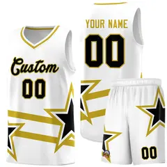White Basketball Kits Old Gold Star Pattern And Double Lines