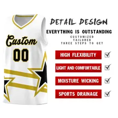 White Basketball Kits Old Gold Star Pattern And Double Lines 2