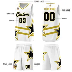 White Basketball Kits Old Gold Star Pattern And Double Lines 5