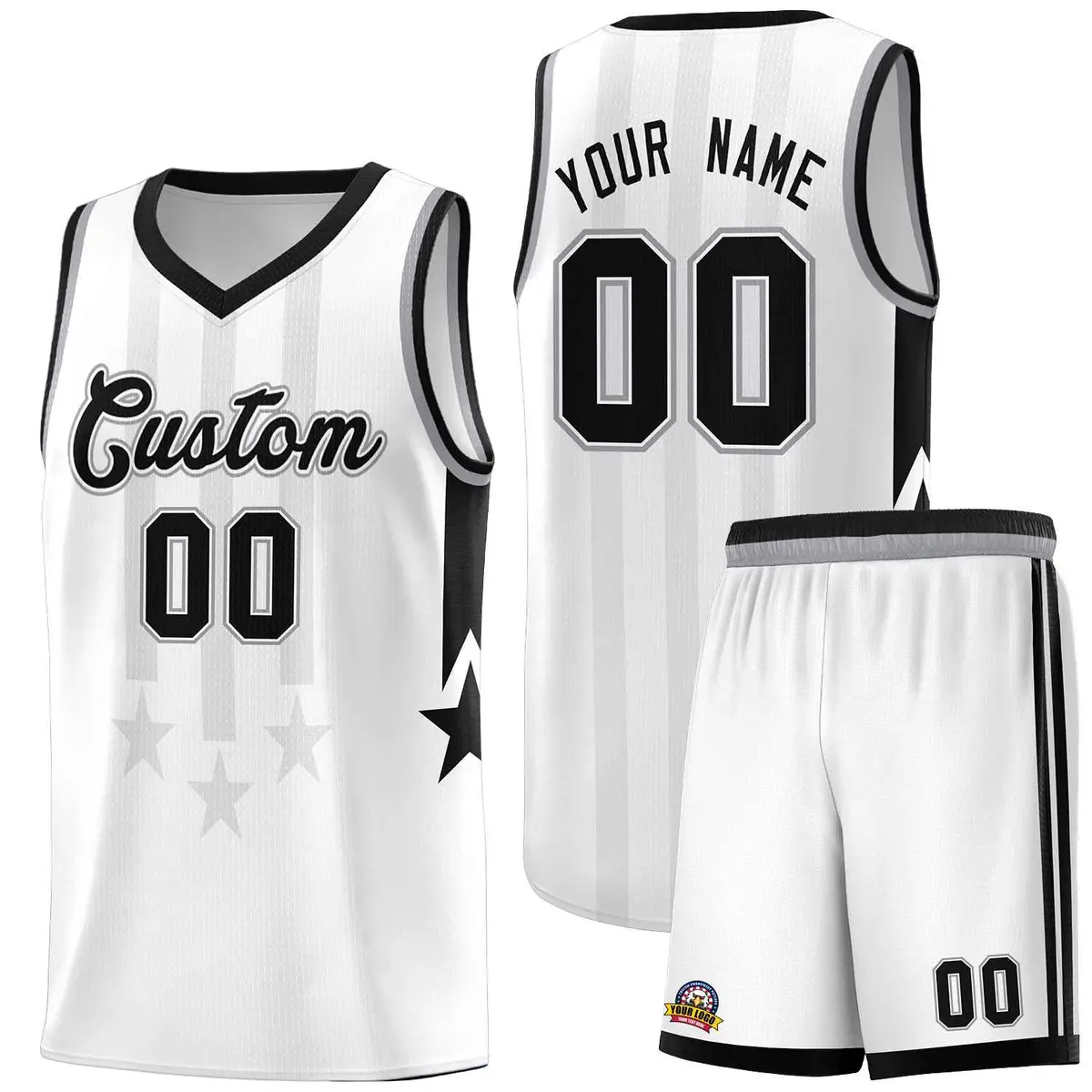 White Black and Gray Gradient Star Graffiti Basketball Jersey