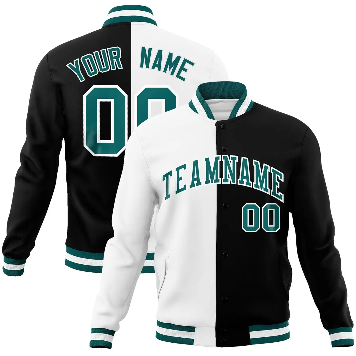 White Black Aqua Split Varsity Full-Snap Letterman Jacket