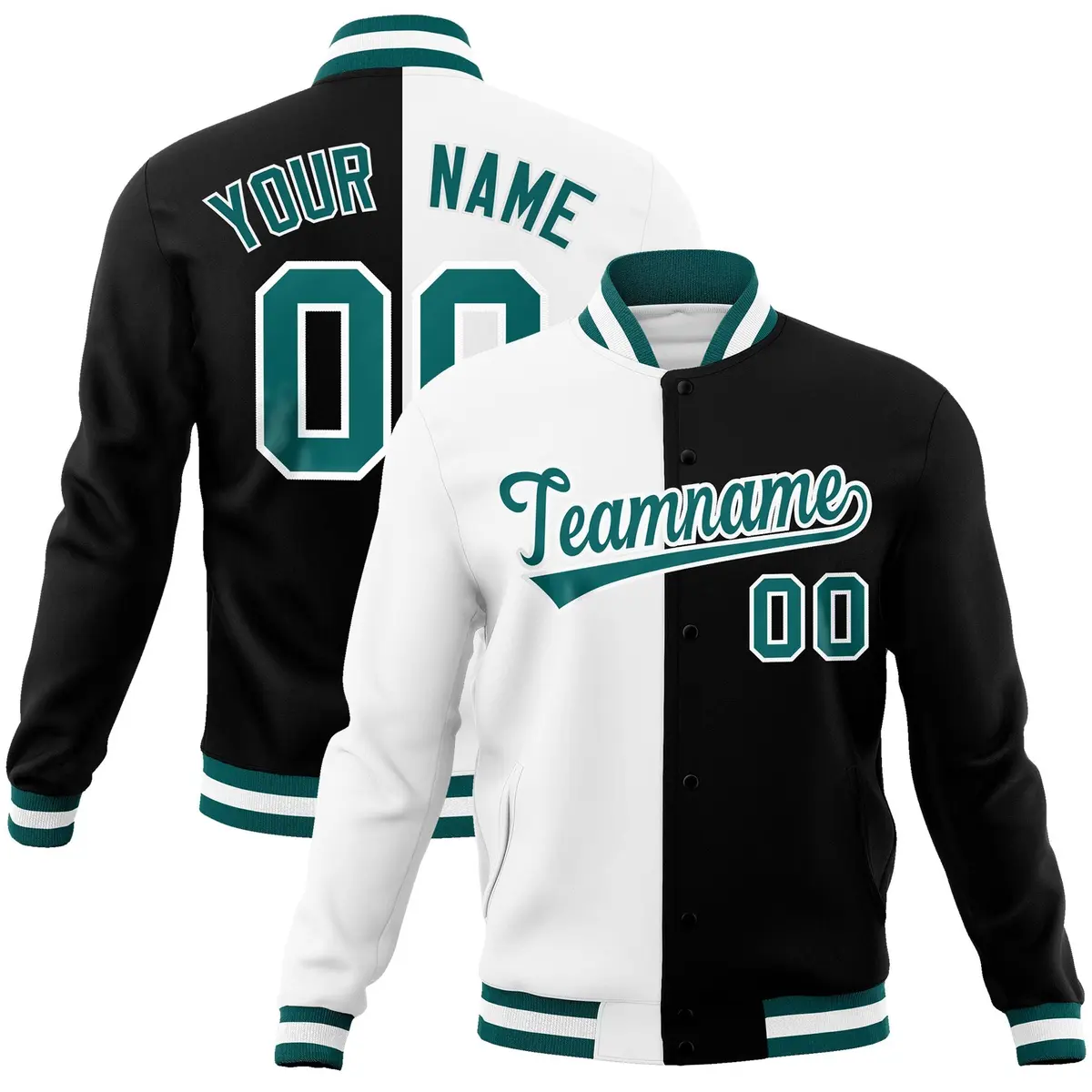 White Black Aqua Split Varsity Full-Snap Letterman Jacket