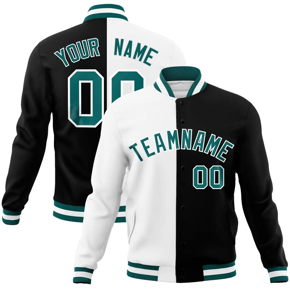 White Black Aqua Split Varsity Full-Snap Letterman Jacket