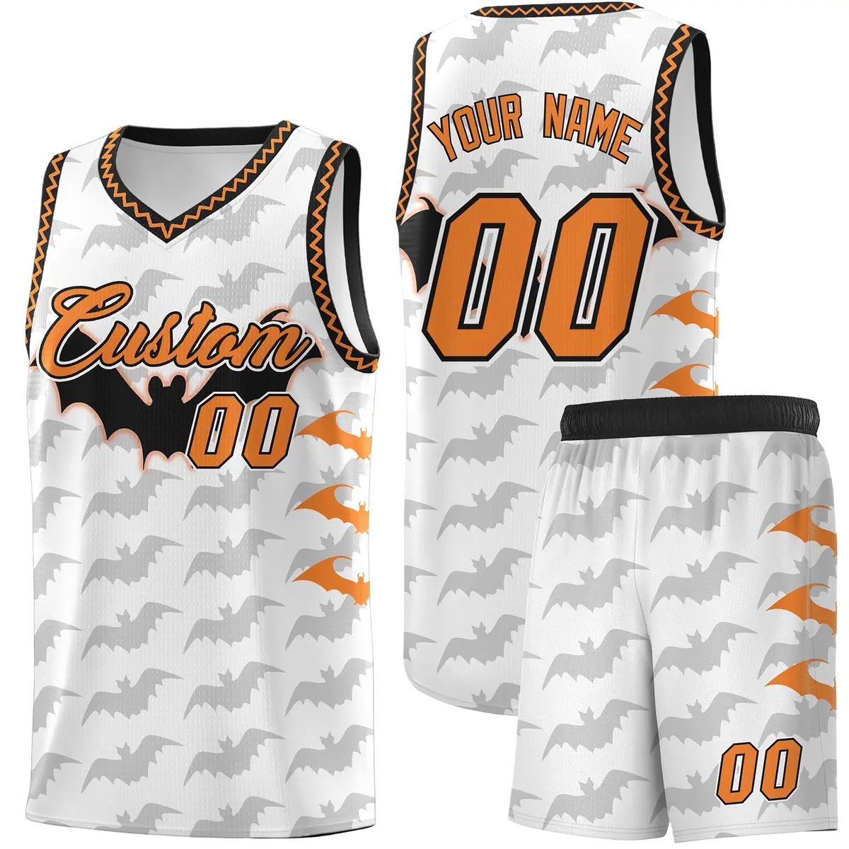White Black Bat Pattern Halloween Basketball Jersey