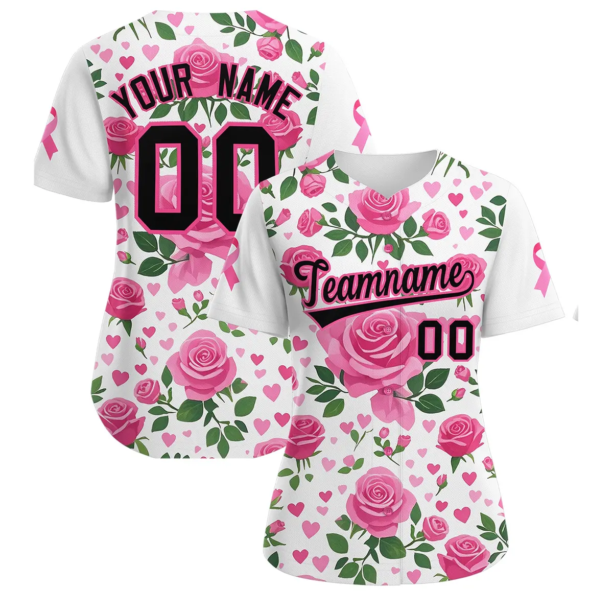 Women's White Black Breast Cancer Awareness Pink Ribbon Baseball Jersey