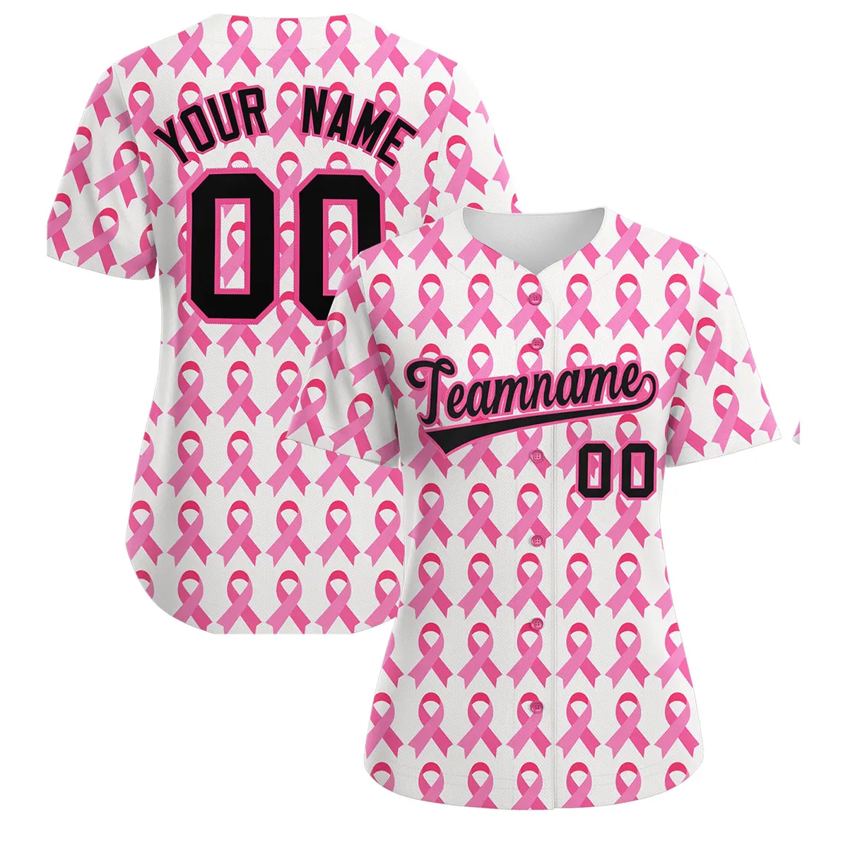 Women's White Black Breast Cancer Awareness Pink Ribbon Baseball Jersey