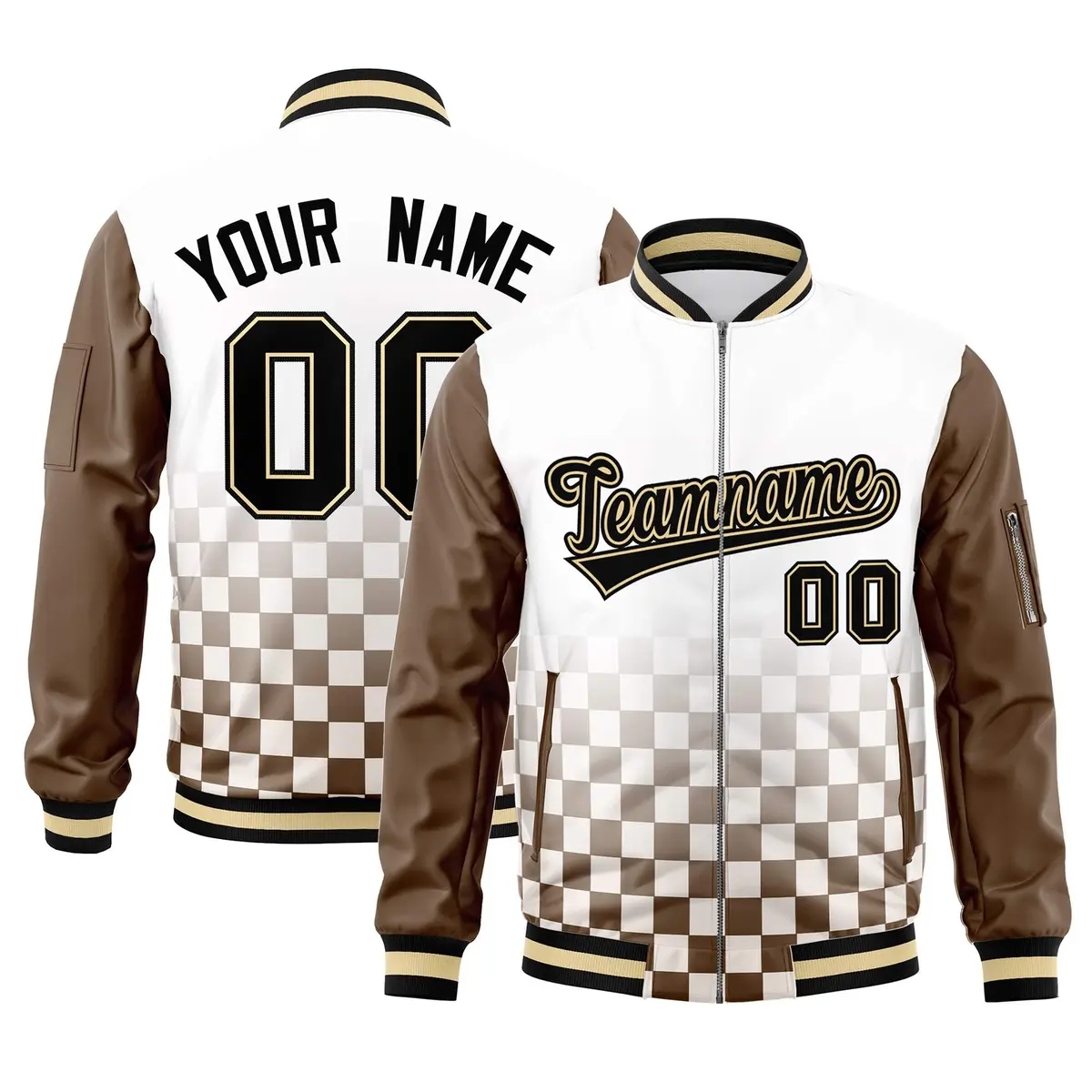 White Black-Brown Grid Color Block Letterman Raglan Full-Zip Varsity Jacket