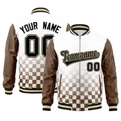 White Black-Brown Grid Color Block Letterman Raglan Full-Zip Varsity Jacket