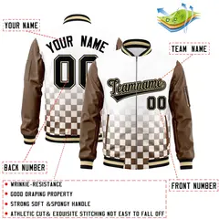 White Black-Brown Grid Color Block Letterman Raglan Full-Zip Varsity Jacket 2