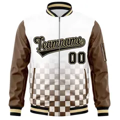 White Black-Brown Grid Color Block Letterman Raglan Full-Zip Varsity Jacket 3