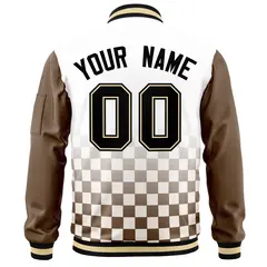White Black-Brown Grid Color Block Letterman Raglan Full-Zip Varsity Jacket 4