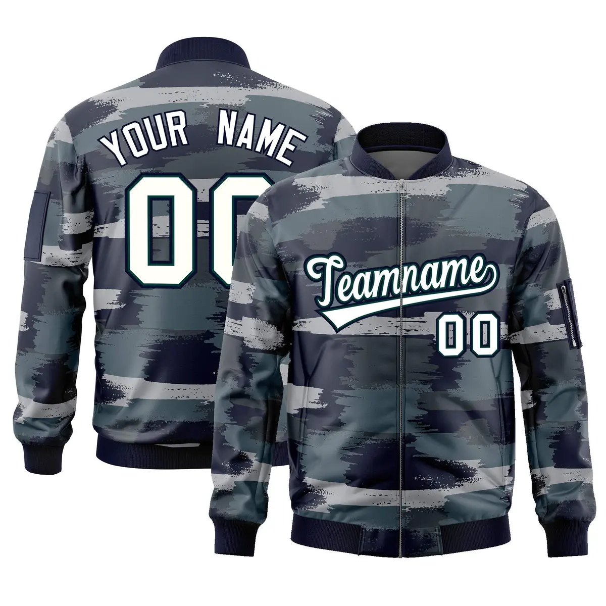 White Black Camo Varsity Full-Zip Letterman Bomber Jacket