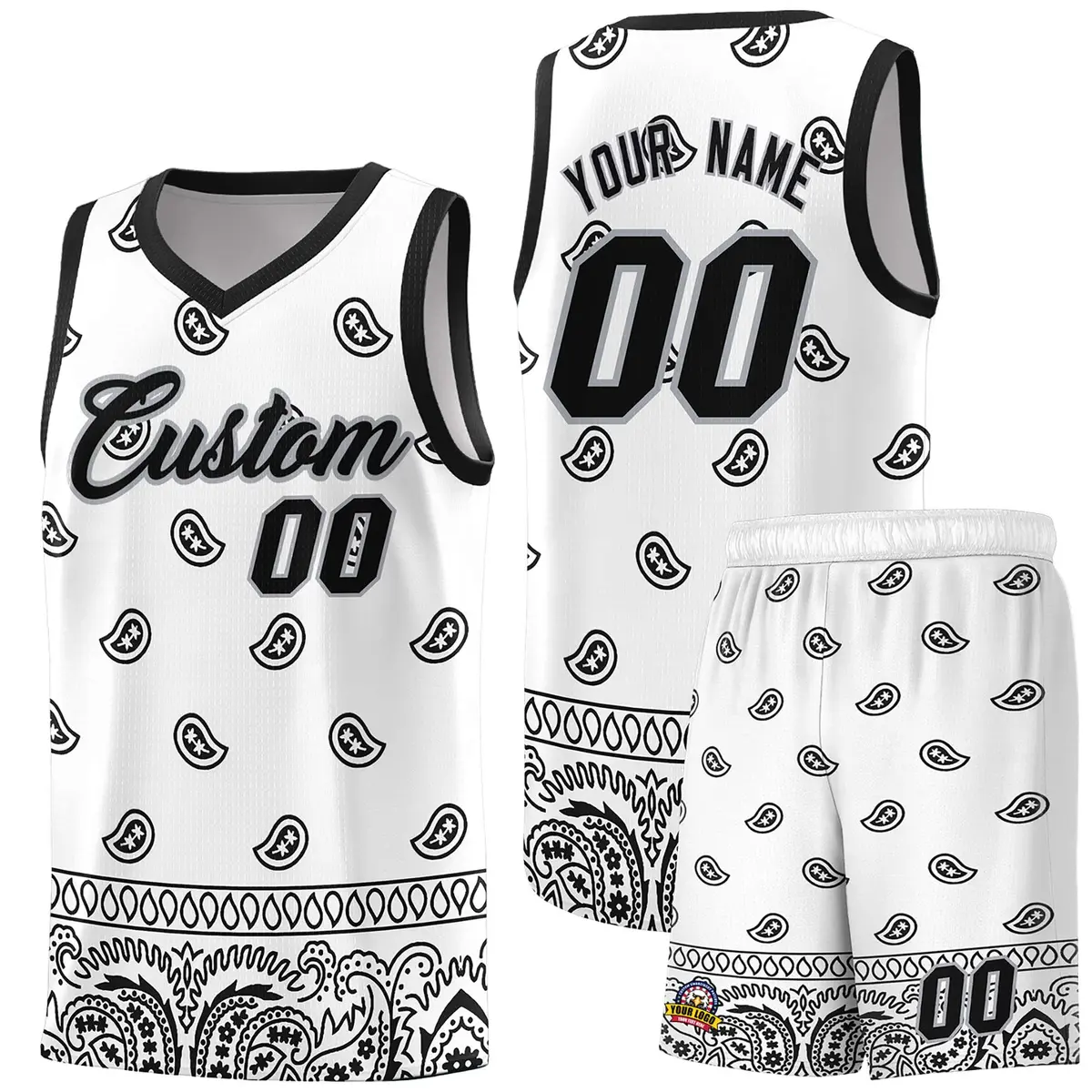 White Black Cashew Pattern Sports Basketball Jersey
