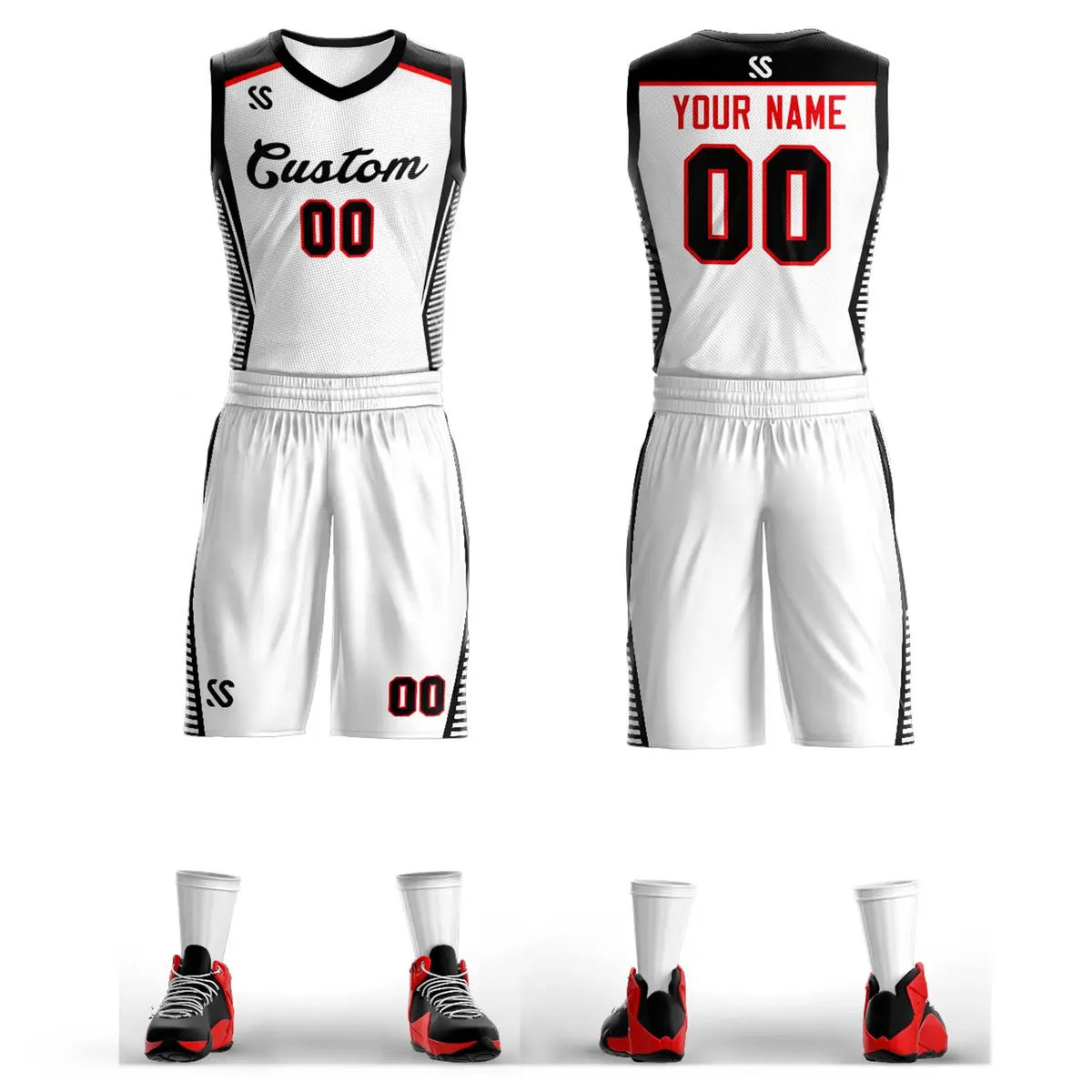 White Black Classic Mesh Basketball Jersey Sets