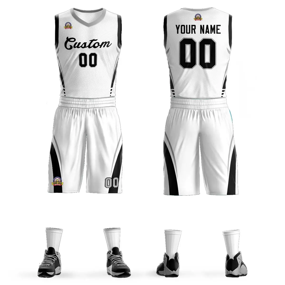 White Black Classic Mesh Basketball Jersey Sets