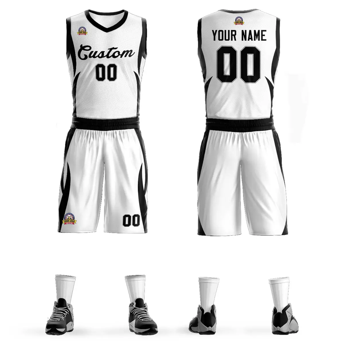 White Black Classic Mesh Basketball Jersey Sets