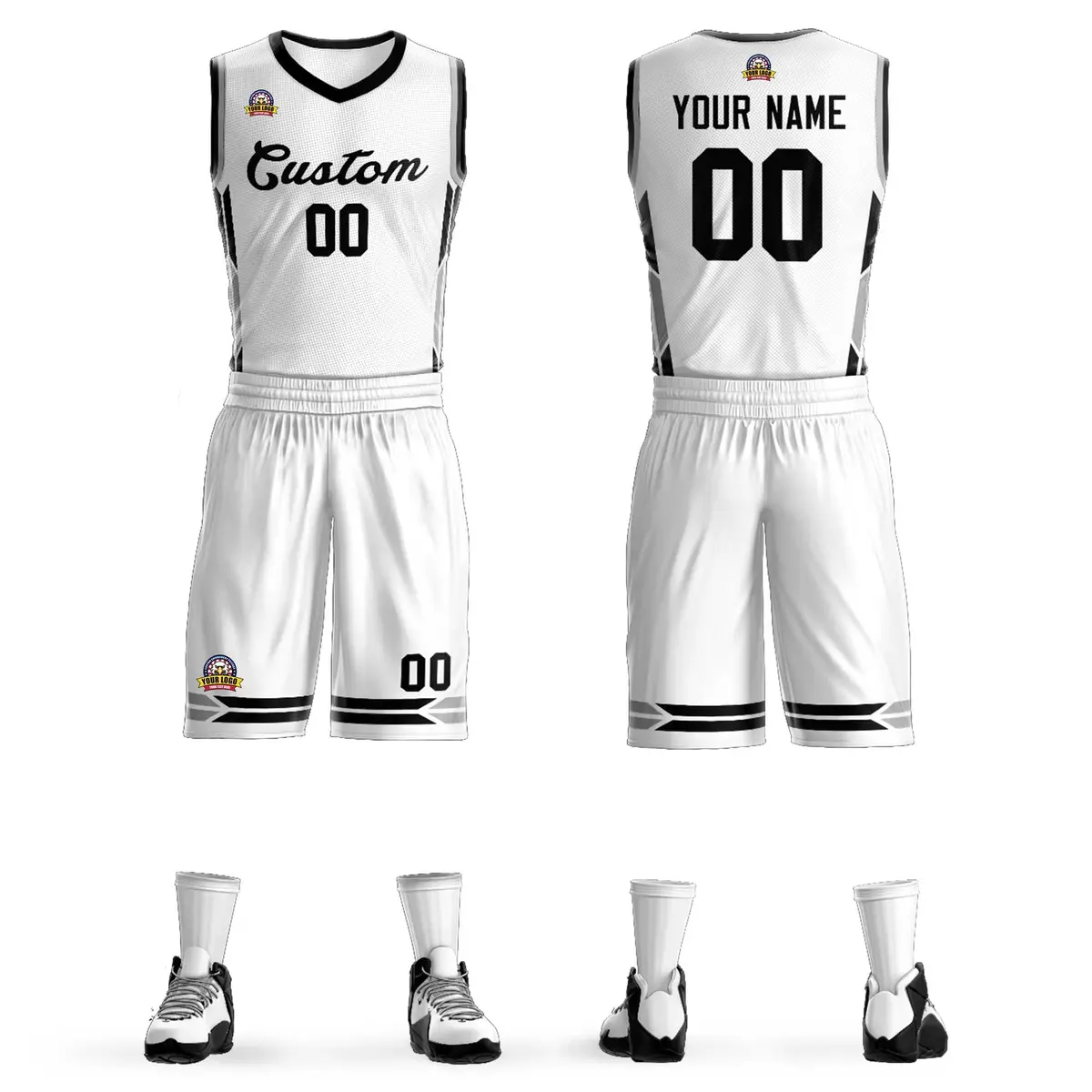 White Black Classic Mesh Basketball Jersey Sets