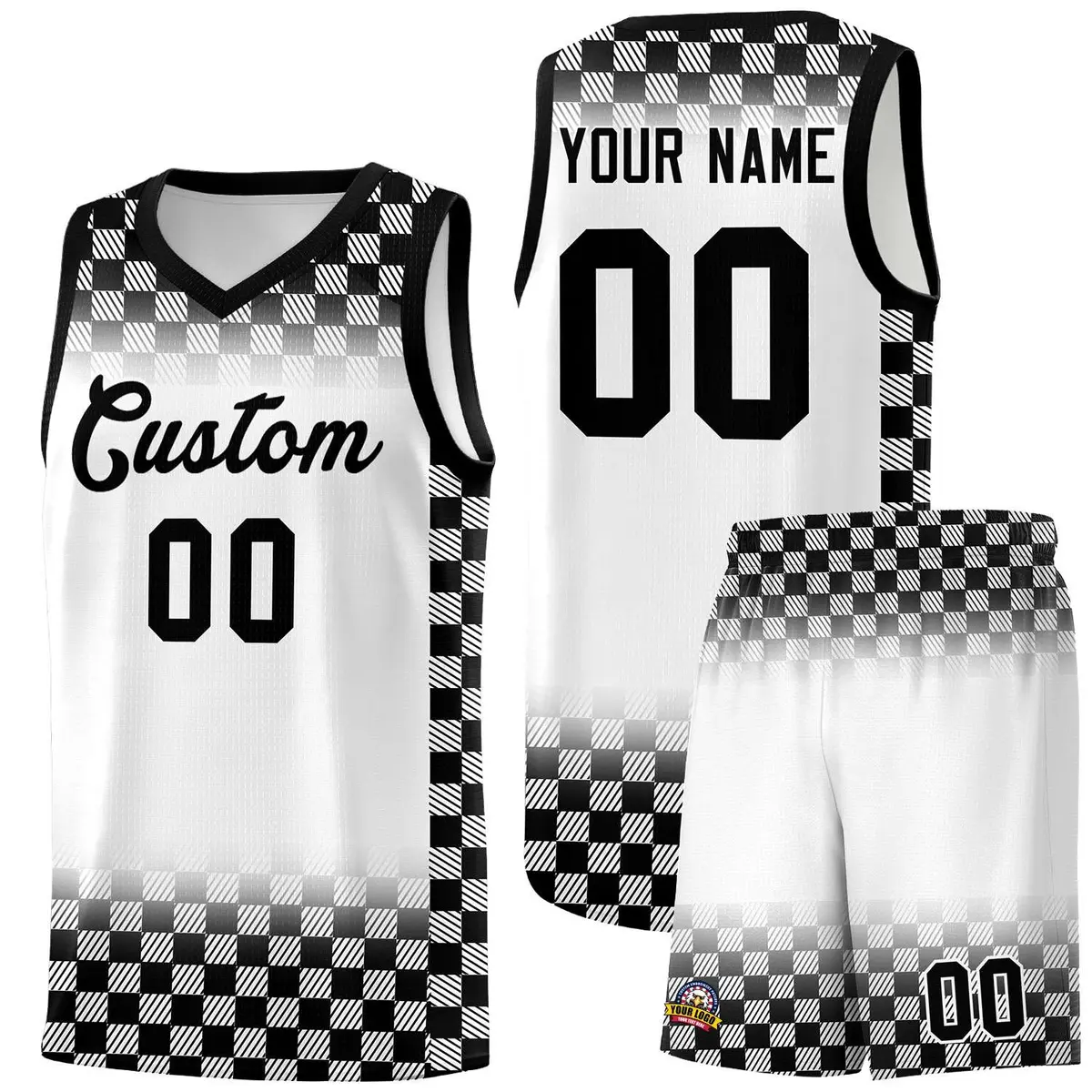 White Black Classic Plaid Basketball Uniform Jersey