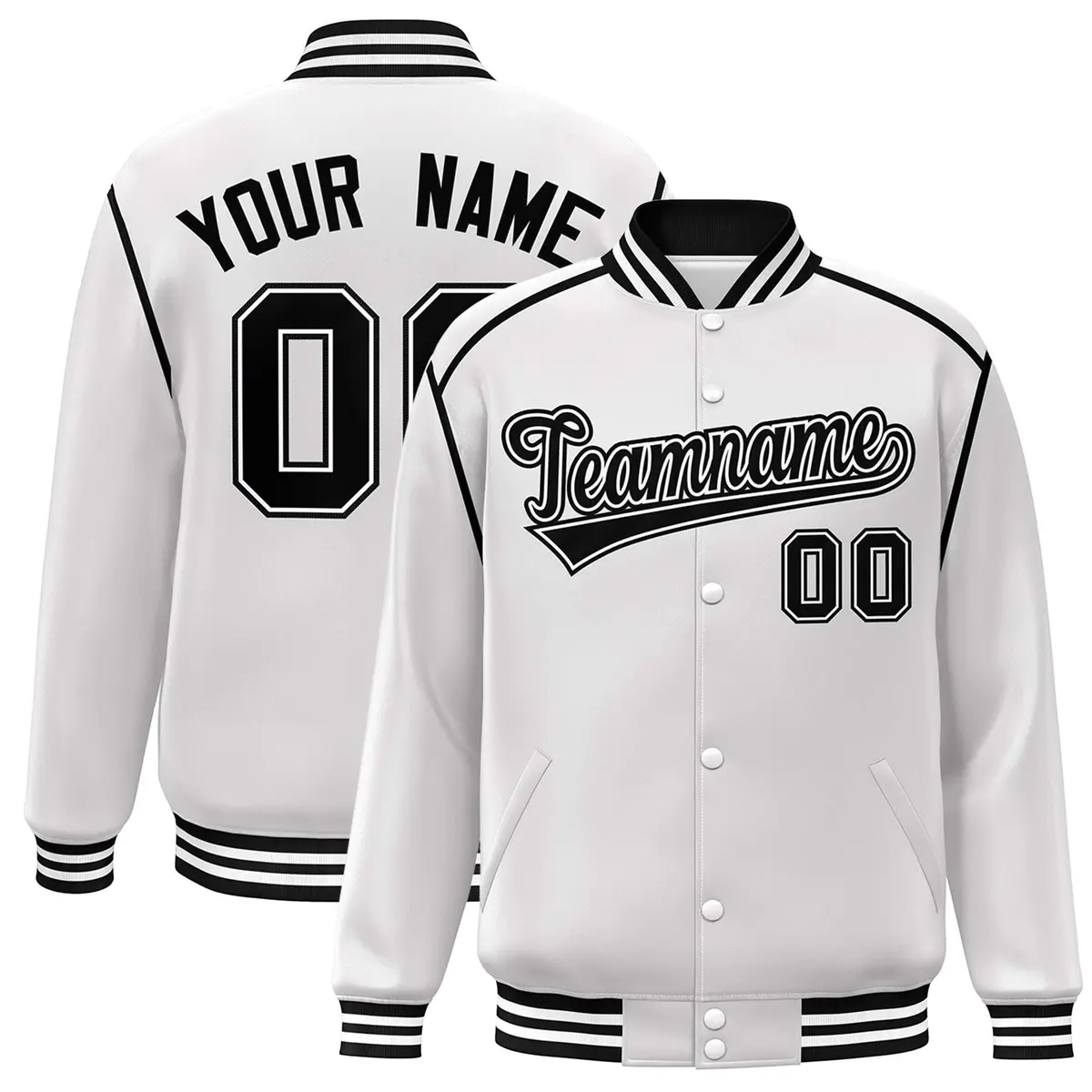White Black Color Block Ribbon Varsity Full-Snap Bomber Jacket