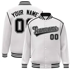 White Black Color Block Ribbon Varsity Full-Snap Bomber Jacket