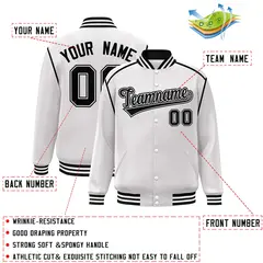 White Black Color Block Ribbon Varsity Full-Snap Bomber Jacket 2