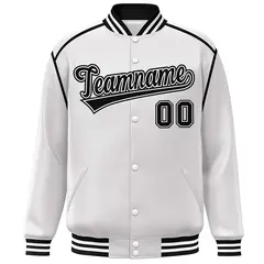 White Black Color Block Ribbon Varsity Full-Snap Bomber Jacket 3