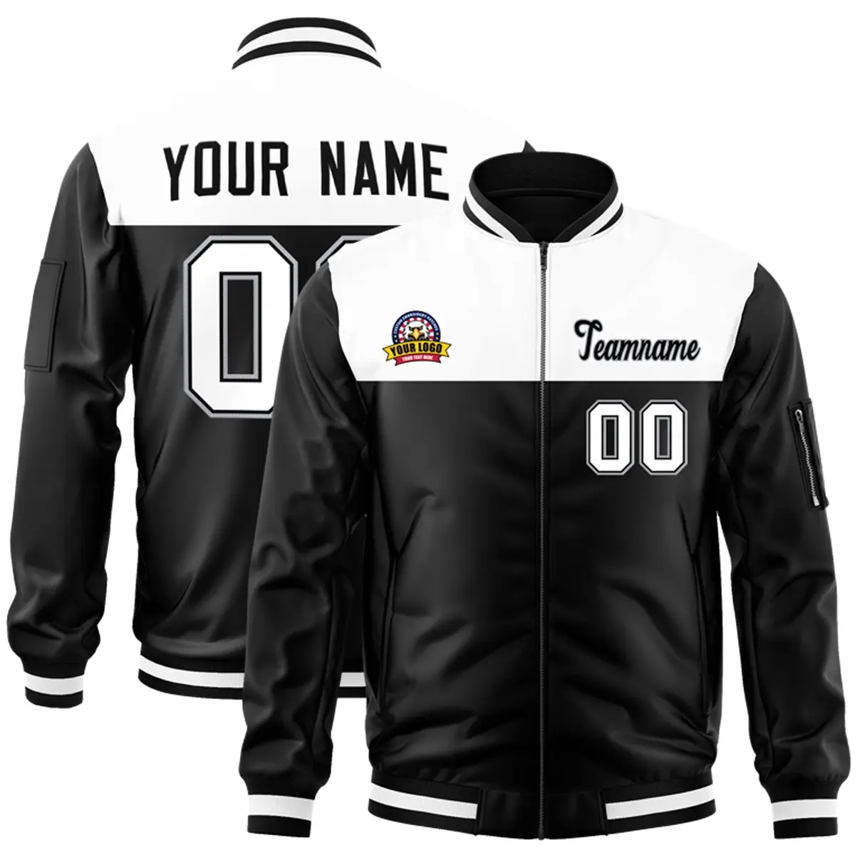 White Black Color Block Varsity Full-Zip Letterman Bomber Jacket