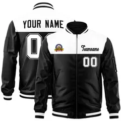 White Black Color Block Varsity Full-Zip Letterman Bomber Jacket