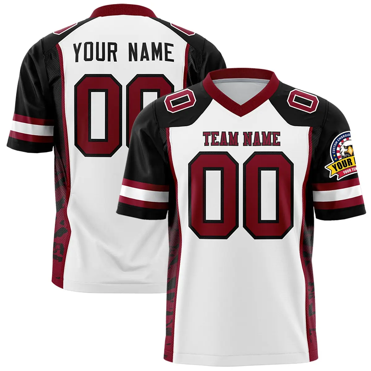 White Black-Crimson Raglan Sleeves Side Pattern Football Jersey