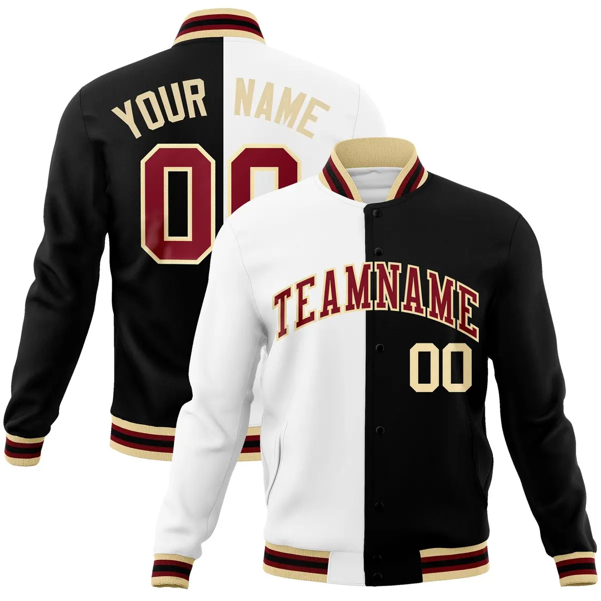 White Black Crimson Split Varsity Full-Snap Letterman Jacket
