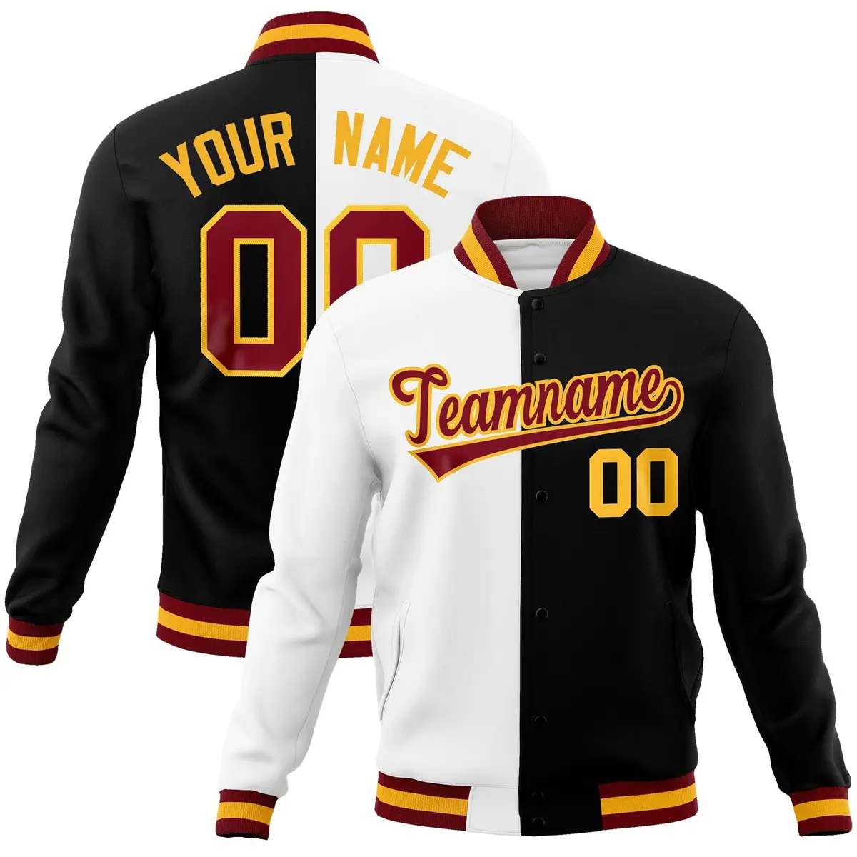 White Black Crimson Split Varsity Full-Snap Letterman Jacket
